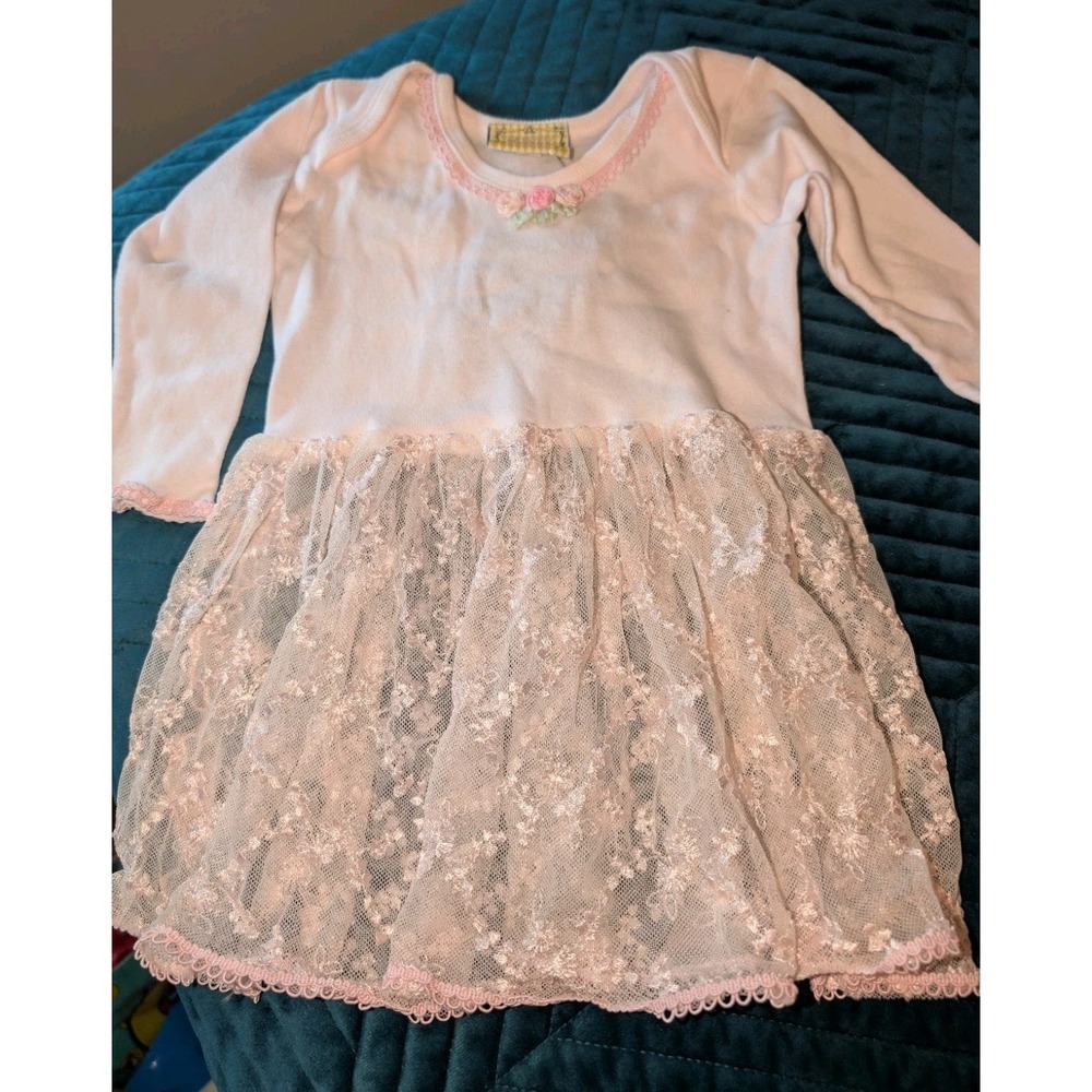 Honey Huney Bunnies "Casey" Girls LS Lace Pink White Floral Dress 12 Months NWT